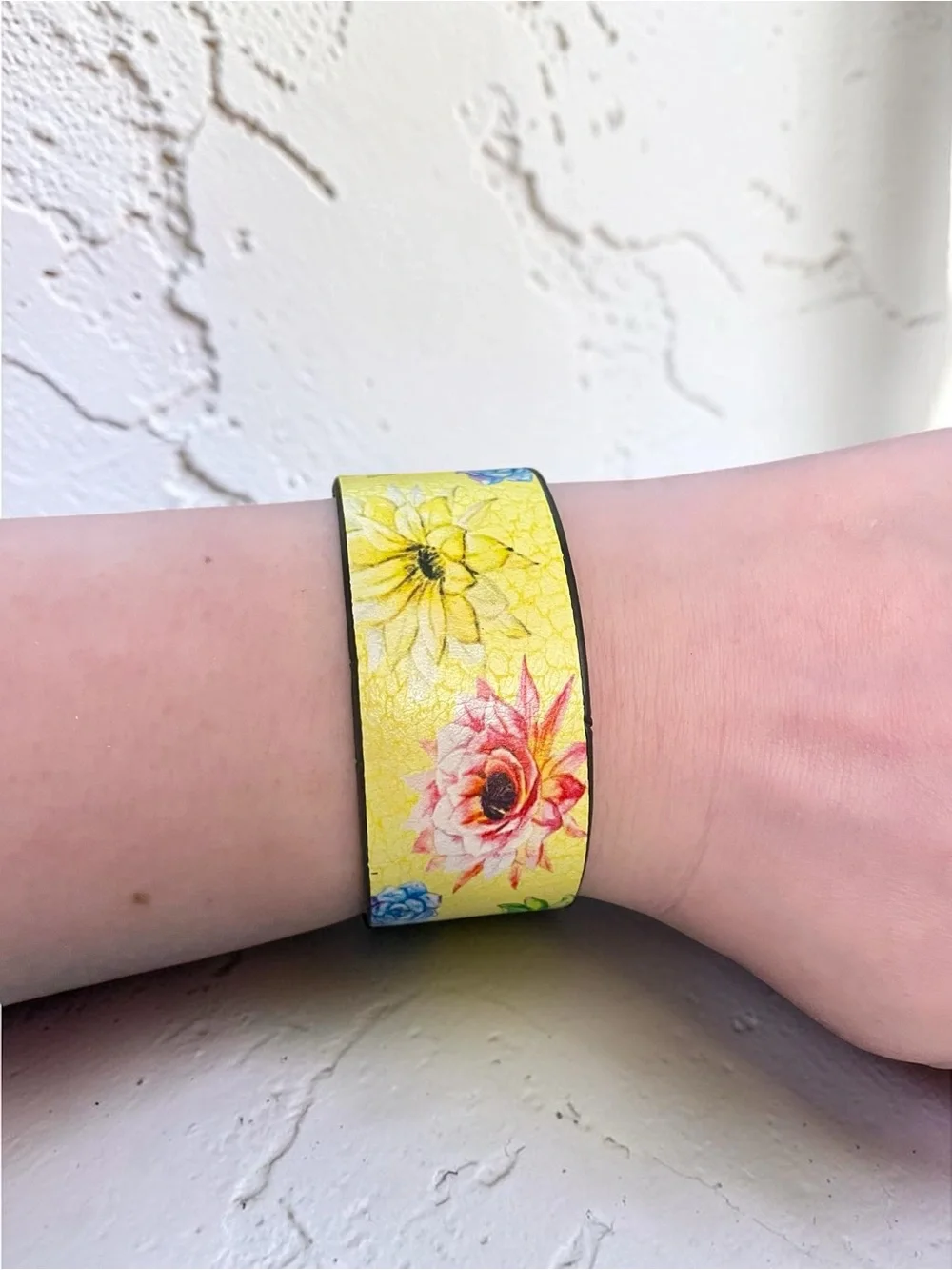 Story by Davinci Yellow Leather Floral Cuff Bracelet NWOT
